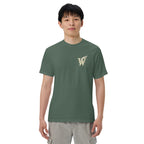 Front of Wordwhispers book lover T-shirt with a decorative W monogram on the left chest in blue spruce