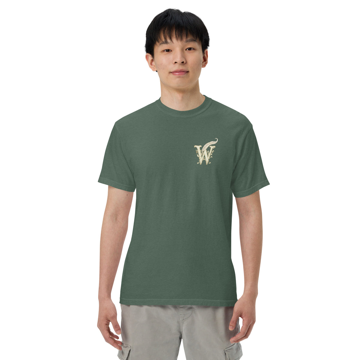 Front of Wordwhispers book lover T-shirt with a decorative W monogram on the left chest in blue spruce