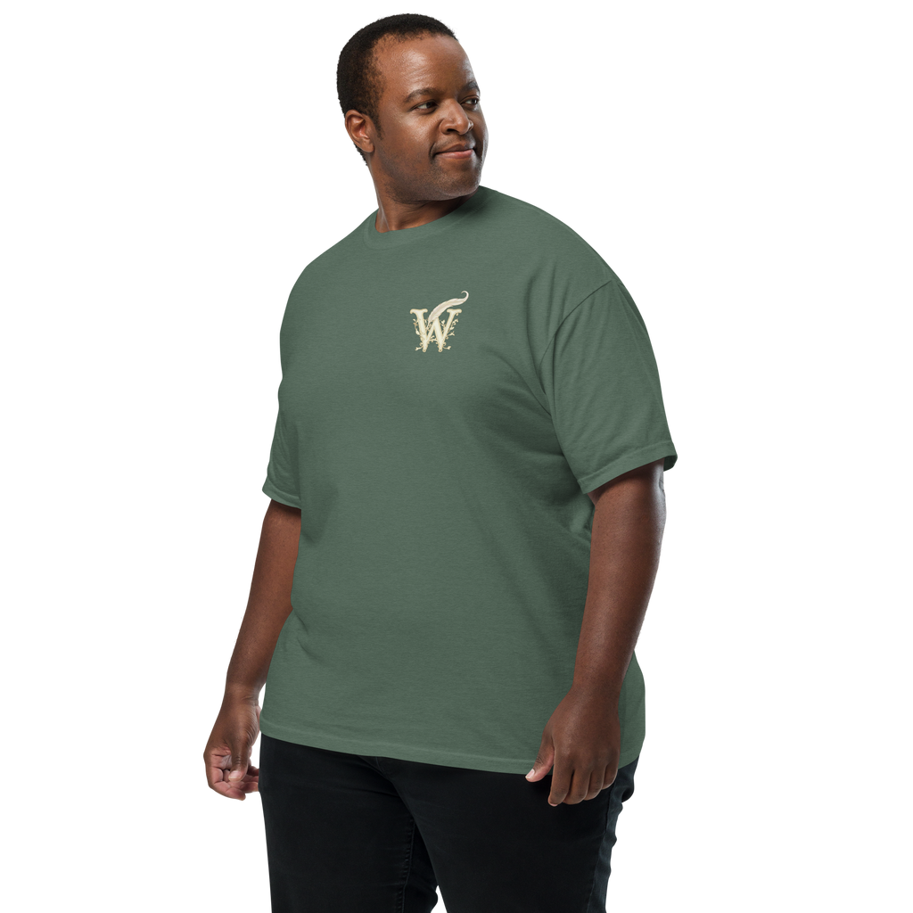 Extended Size Front of Wordwhispers book lover T-shirt with a decorative W monogram on the left chest in blue spruce 