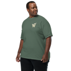 Extended Size Front of Wordwhispers book lover T-shirt with a decorative W monogram on the left chest in blue spruce 
