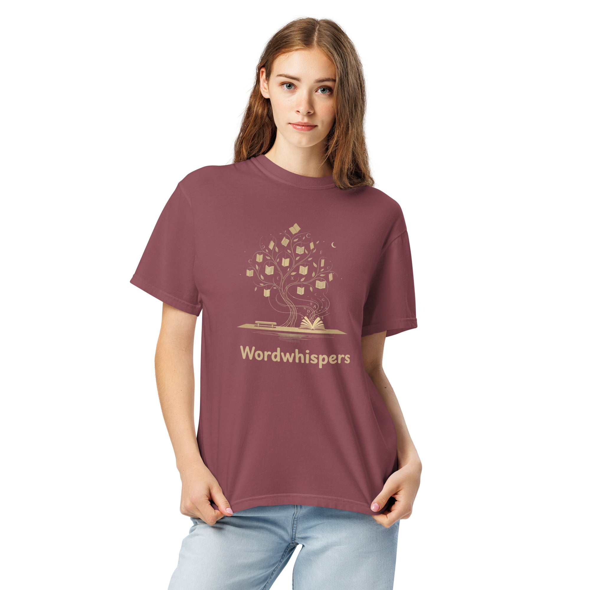 Literary heavyweight unisex t-shirt with Enchanted Tree Glowing Books design in Brick