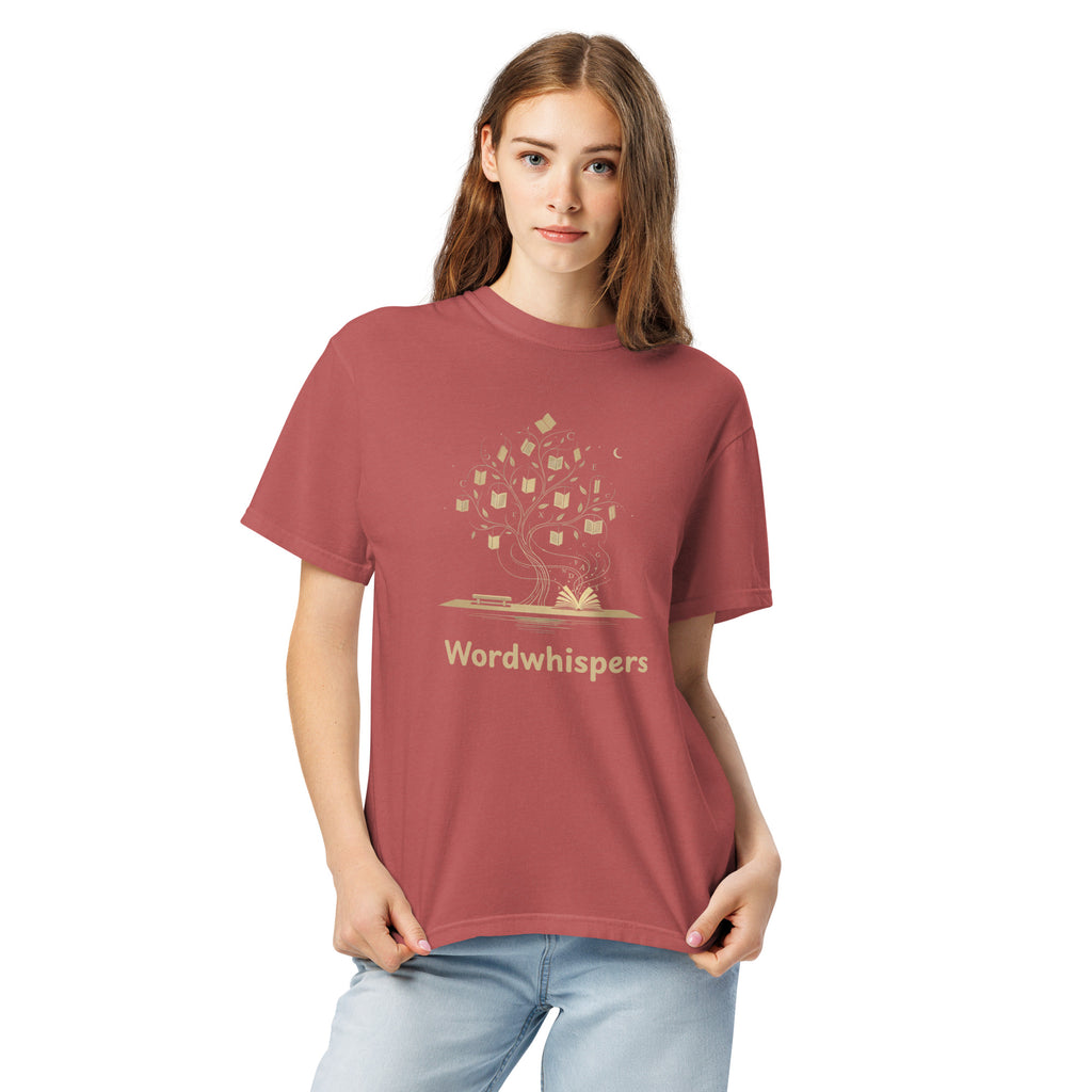 Literary heavyweight unisex t-shirt with Enchanted Tree Glowing Books design in Crimson