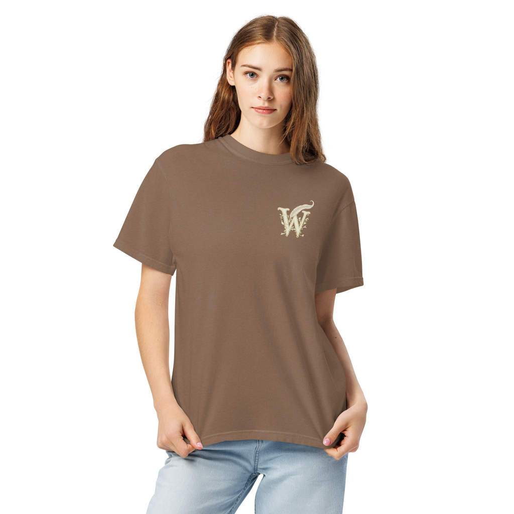 Front of Wordwhispers book lover T-shirt with a decorative W monogram on the left chest in espresso