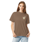 Front of Wordwhispers book lover T-shirt with a decorative W monogram on the left chest in espresso