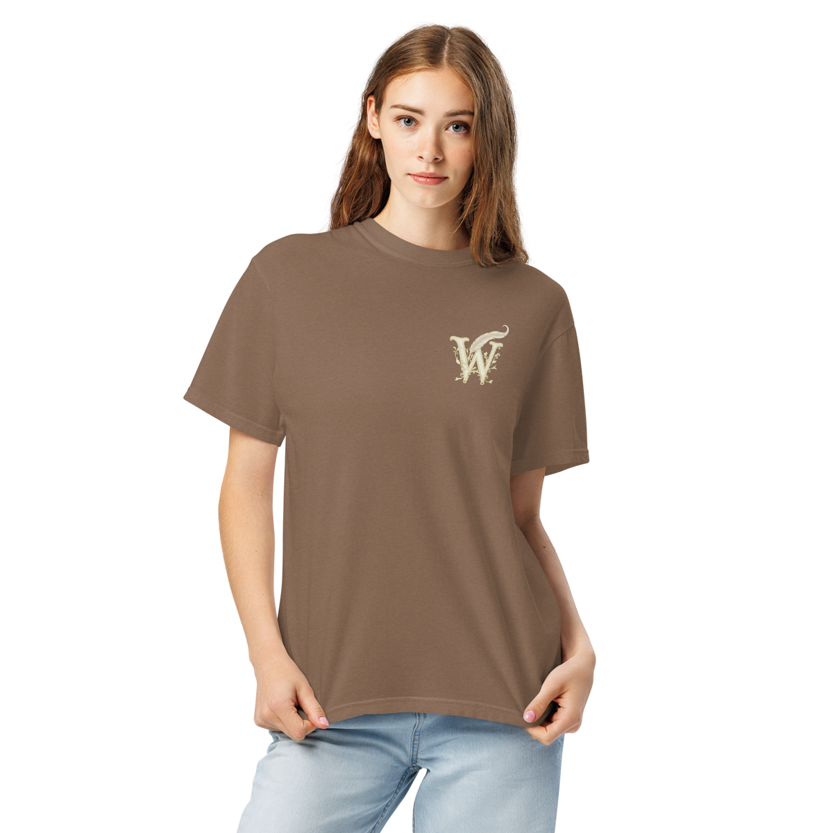 Front of Wordwhispers book lover T-shirt with a decorative W monogram on the left chest in espresso