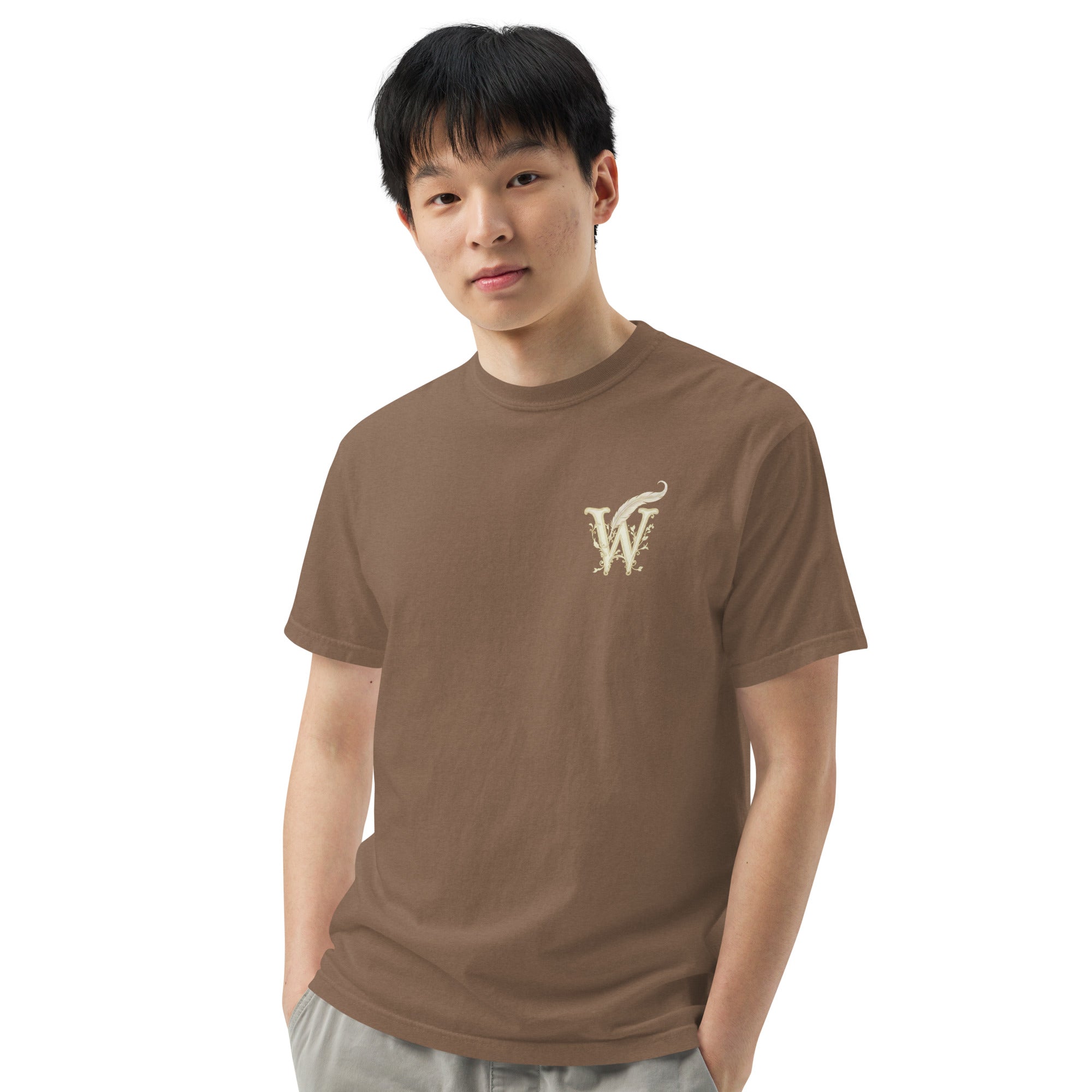 Literary premium unisex t-shirt with Wordwhispers logo on front in Espresso