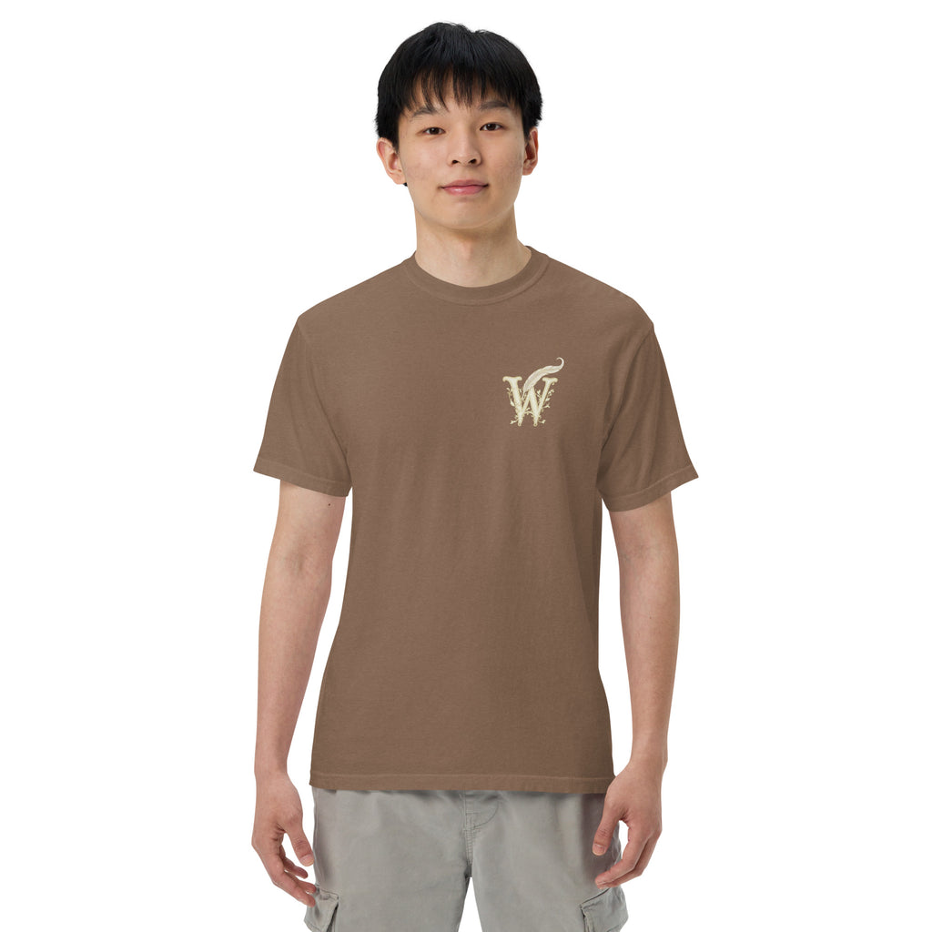 Front of Wordwhispers book lover T-shirt with a decorative W monogram on the left chest in espresso