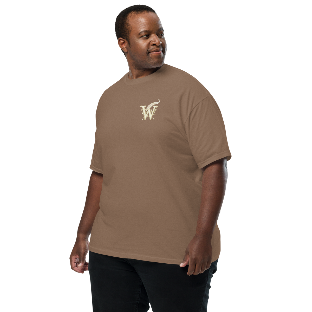 Extended Size Front of Wordwhispers book lover T-shirt with a decorative W monogram on the left chest in espresso