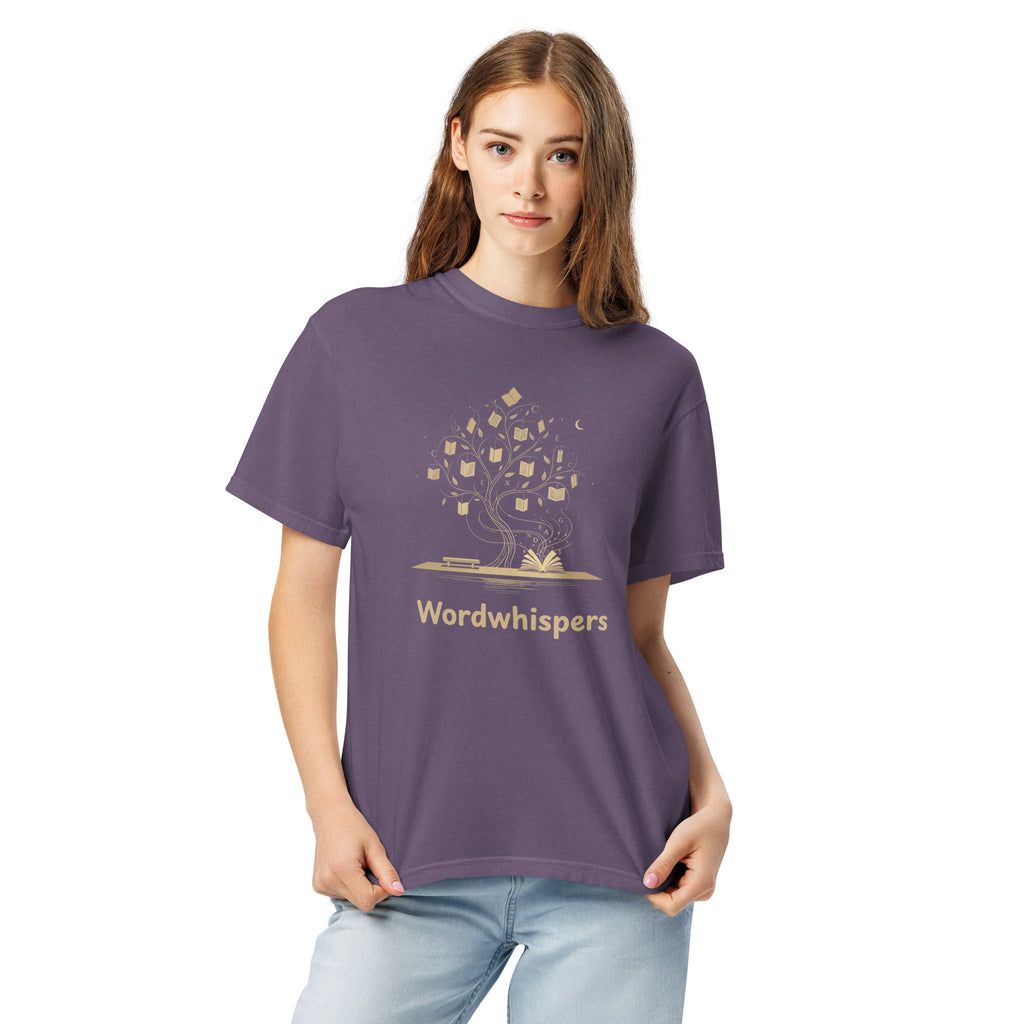 Literary heavyweight unisex t-shirt with Enchanted Tree Glowing Books design in Grape