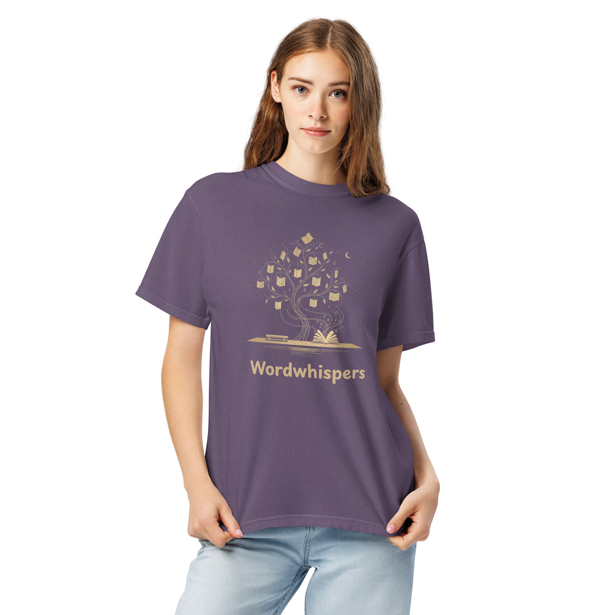 Literary heavyweight unisex t-shirt with Enchanted Tree Glowing Books design in Grape