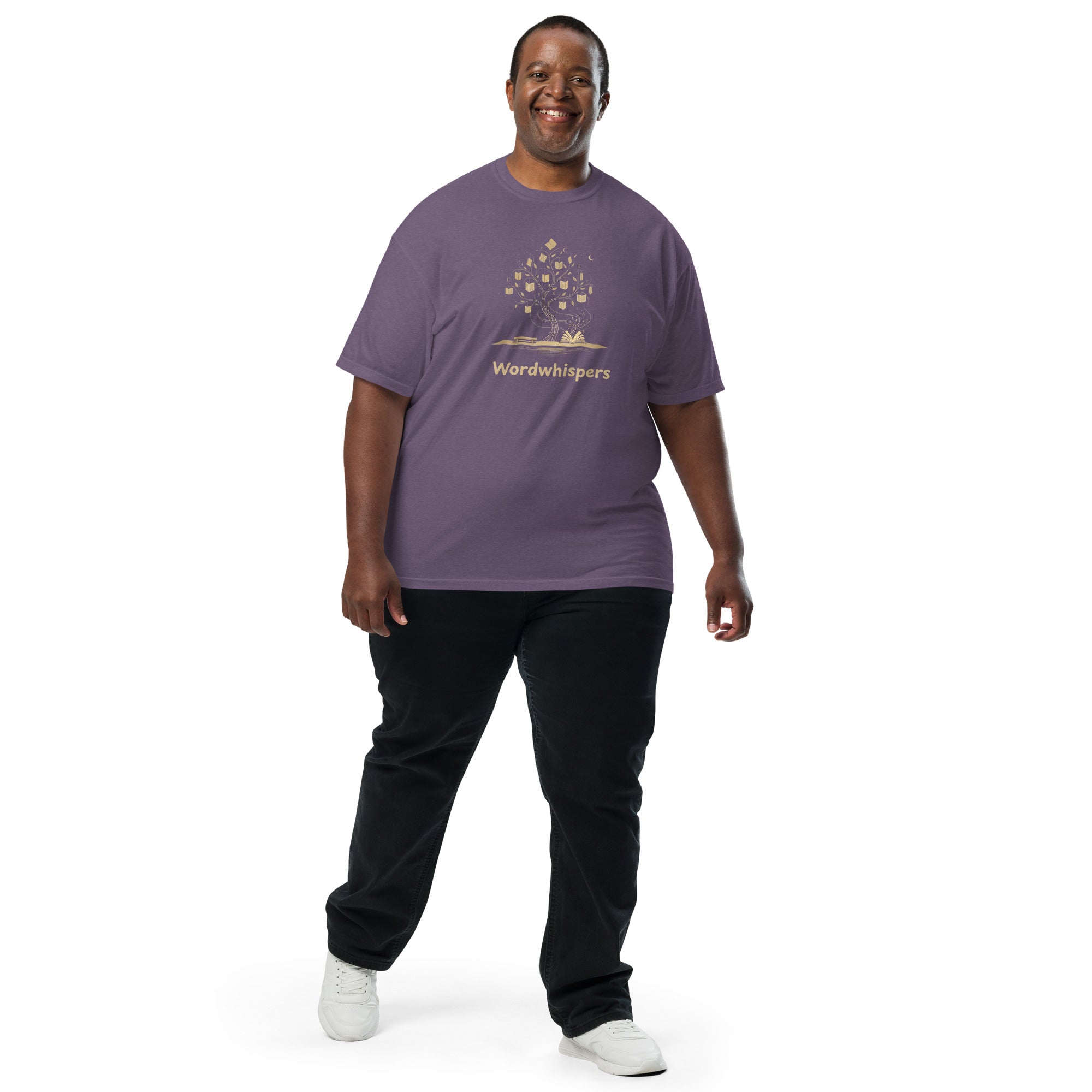 Literary heavyweight unisex t-shirt with Enchanted Tree Glowing Books design in Grape