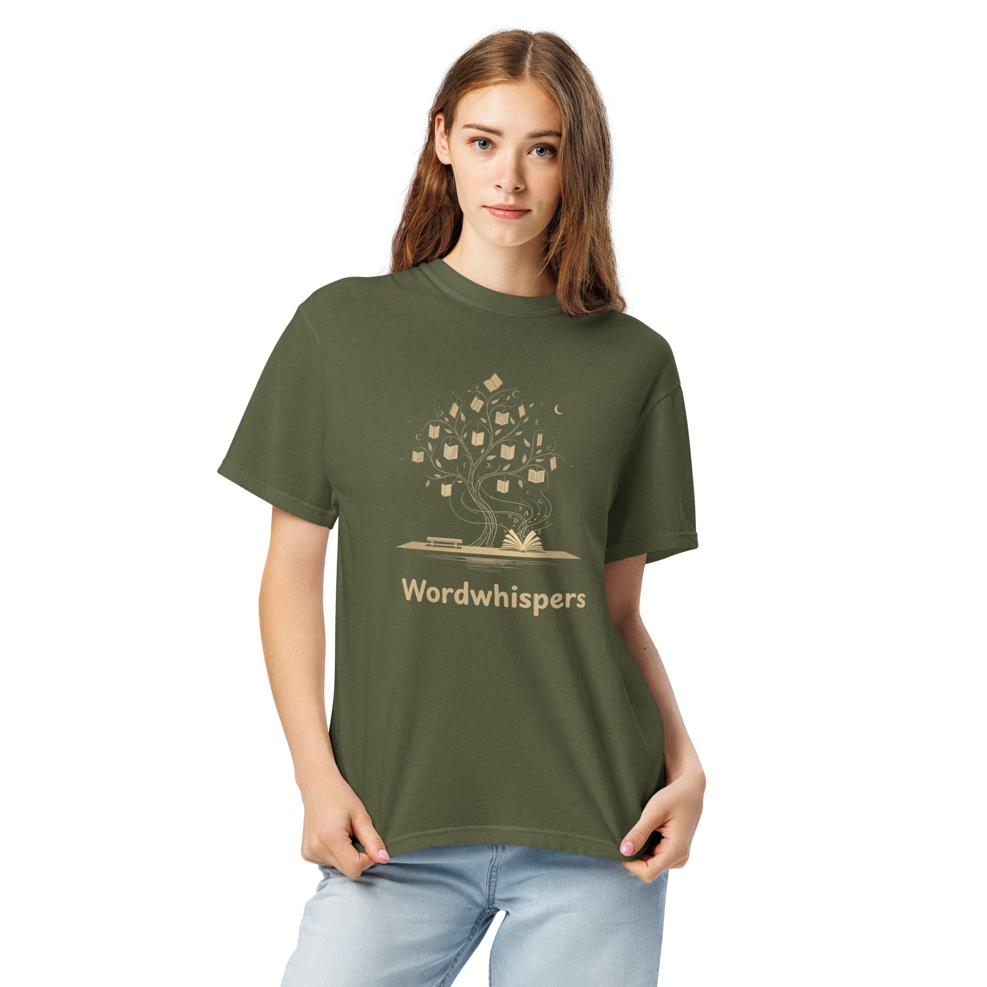 Literary heavyweight unisex t-shirt with Enchanted Tree Glowing Books design in Hemp