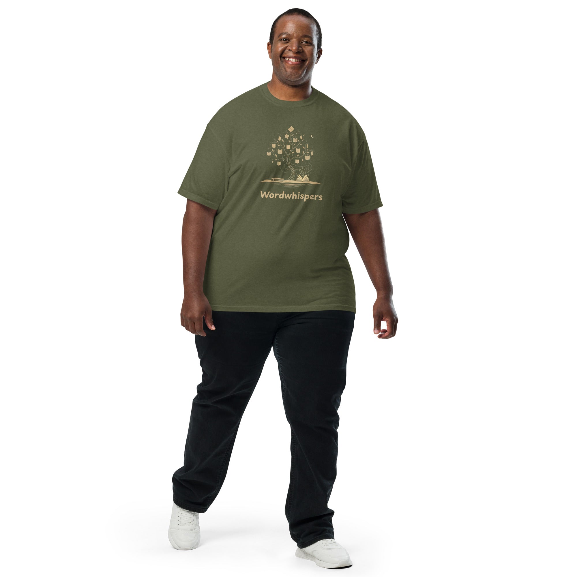 Literary heavyweight unisex t-shirt with Enchanted Tree Glowing Books design in Hemp