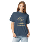 Literary heavyweight unisex t-shirt with Enchanted Tree Glowing Books design in Midnight
