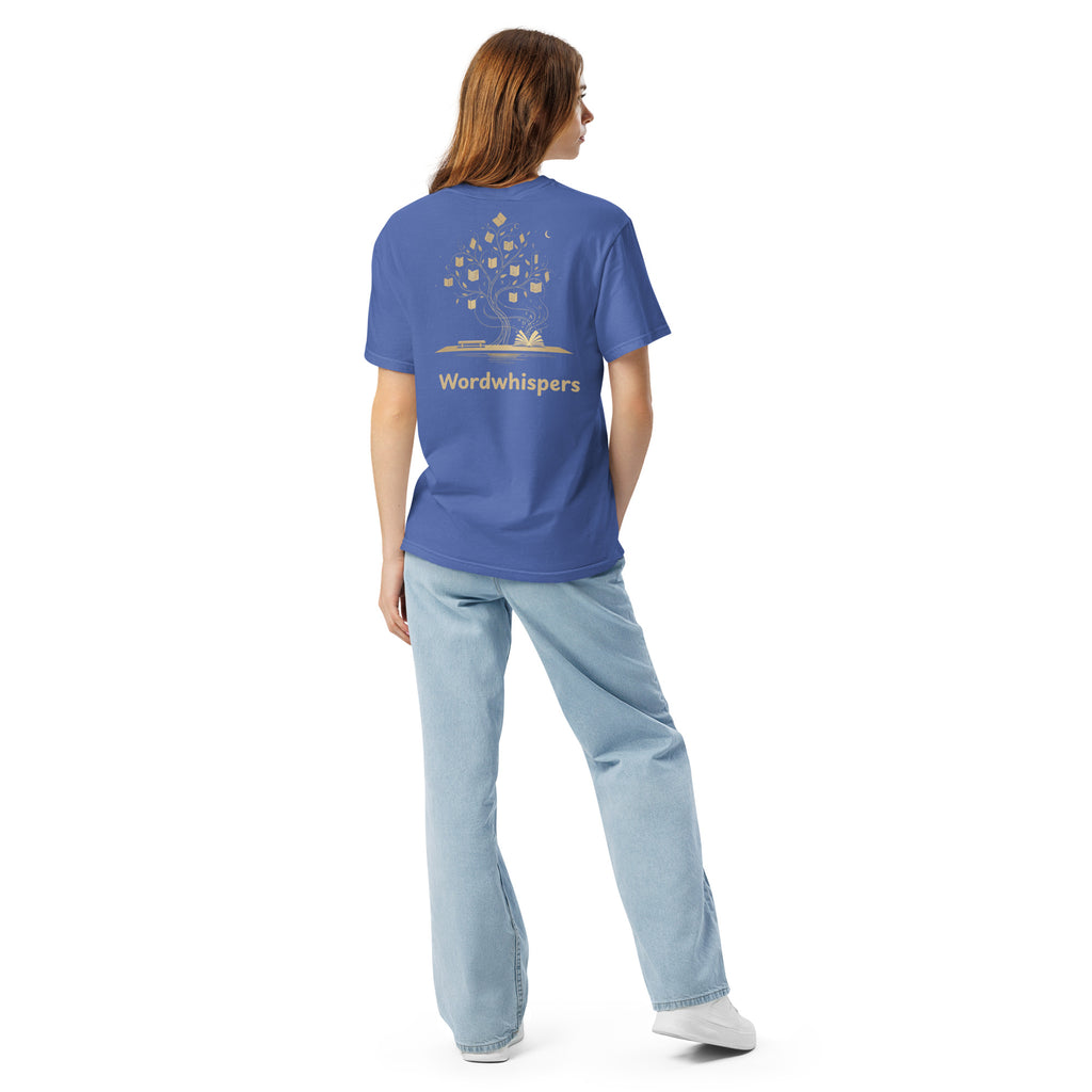  Literary premium unisex t-shirt with Enchanted Tree Glowing Books back design in Mystic Blue