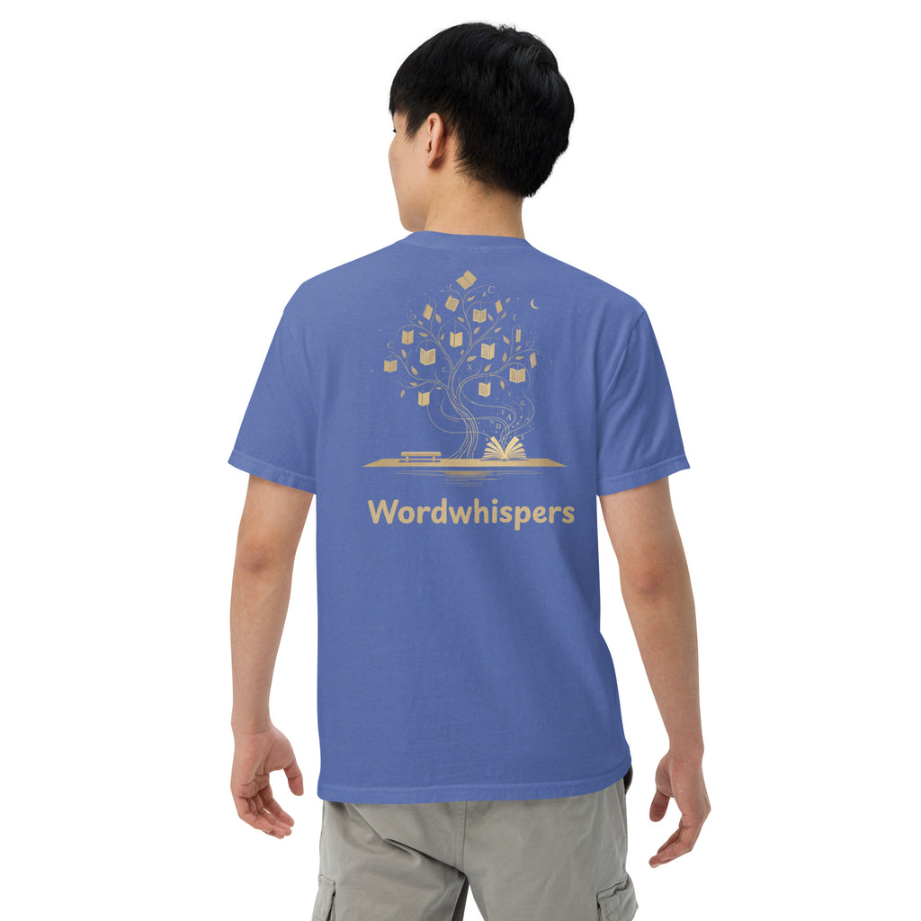  Literary premium unisex t-shirt with Enchanted Tree Glowing Books back design in Mystic Blue