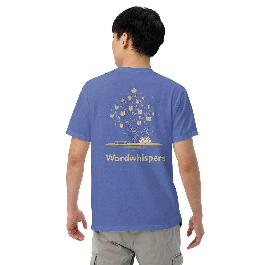 Back of Wordwhispers book lover T-shirt featuring an enchanted tree in mystic blue