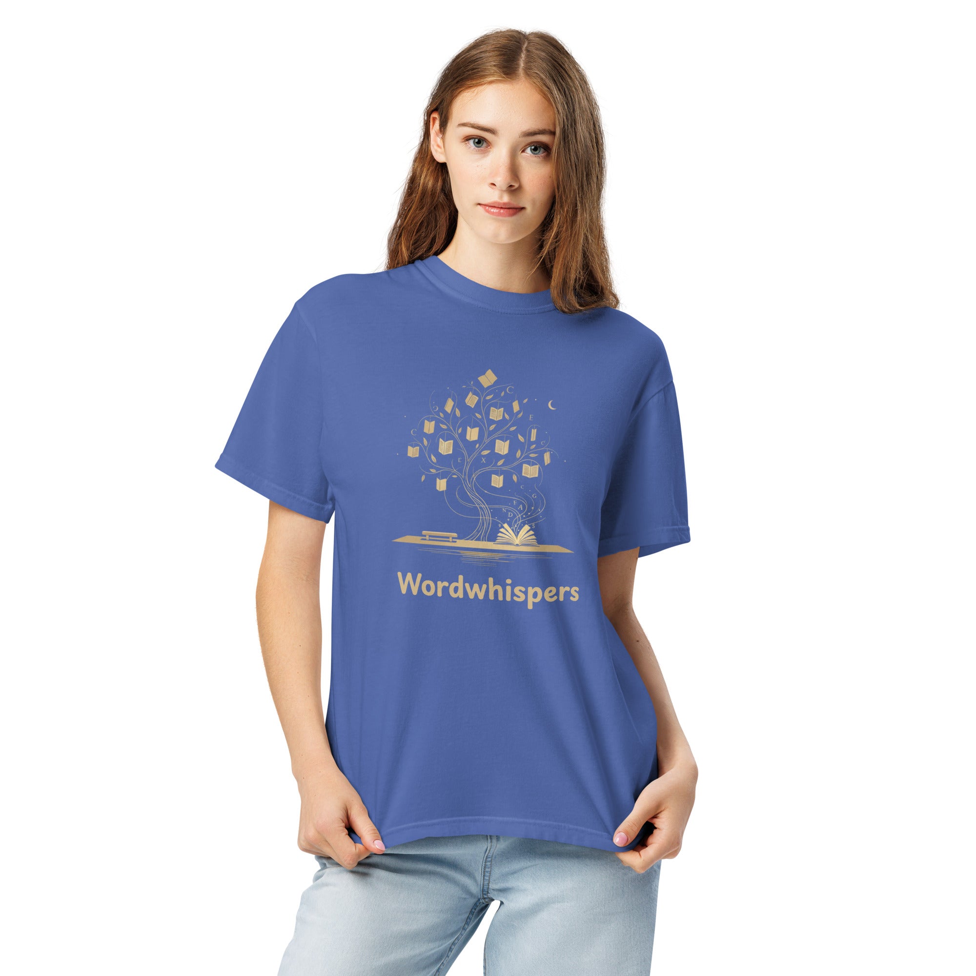 Literary heavyweight unisex t-shirt with Enchanted Tree Glowing Books design in Mystic Blue