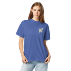 Front of Wordwhispers book lover T-shirt with a decorative W monogram on the left chest- mystic blue