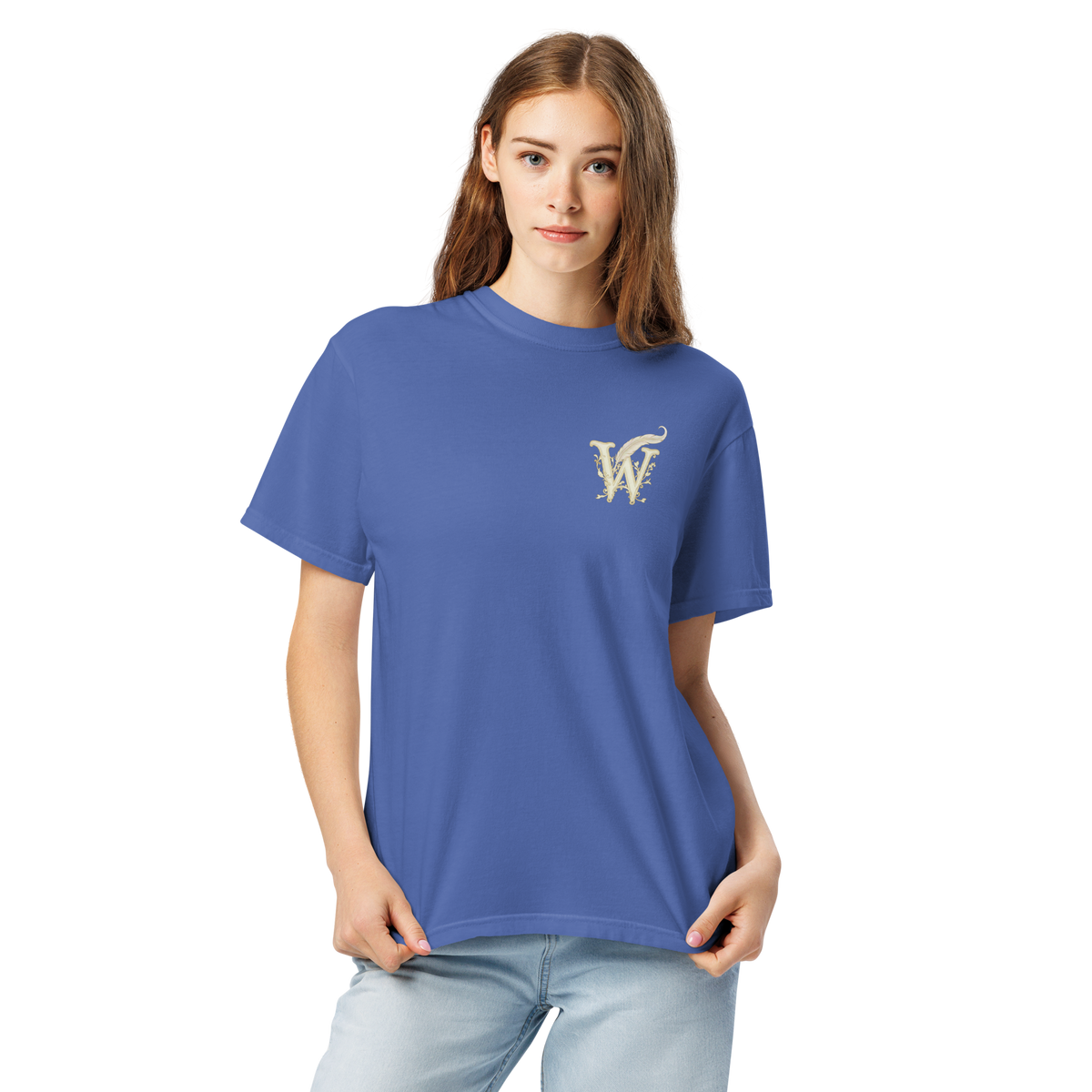 Front of Wordwhispers book lover T-shirt with a decorative W monogram on the left chest- mystic blue