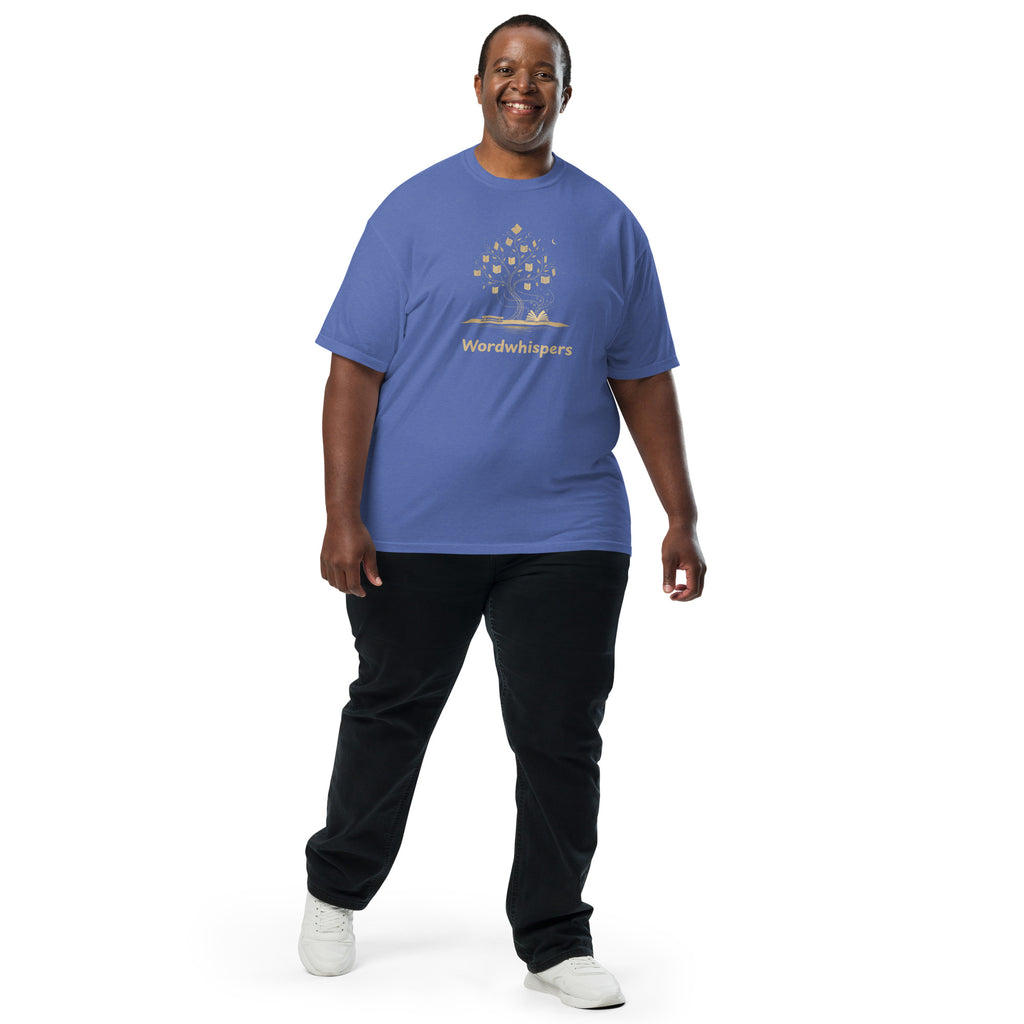 Literary heavyweight unisex t-shirt with Enchanted Tree Glowing Books design in Mystic Blue