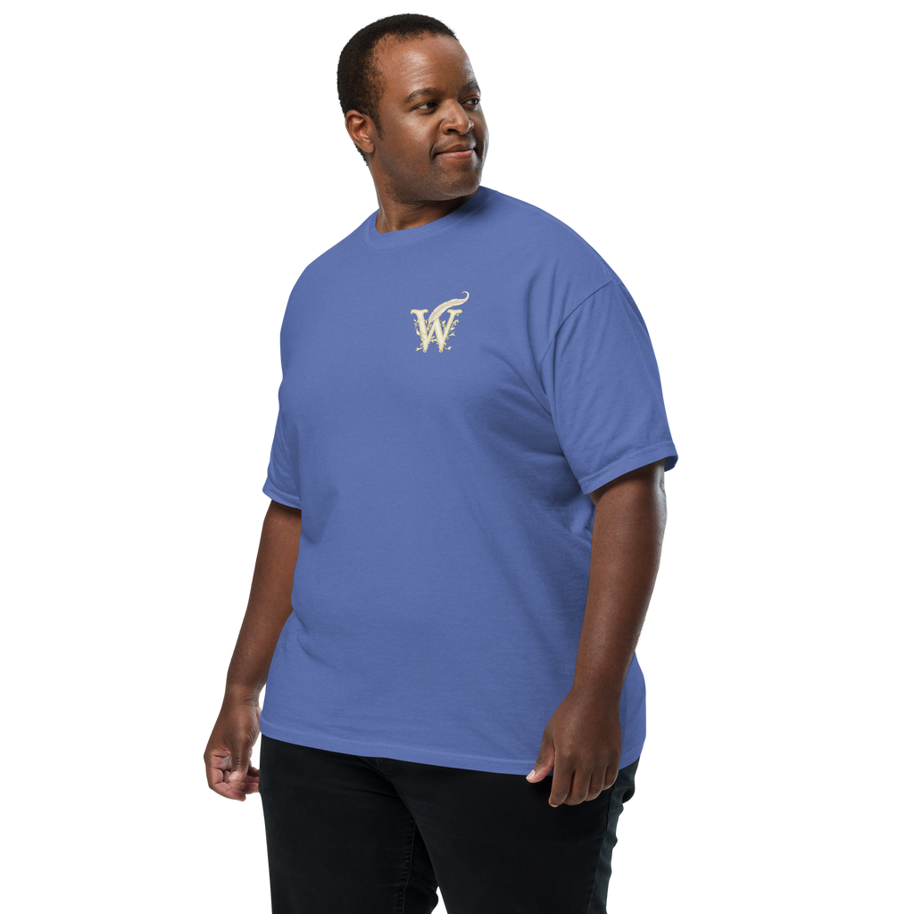 Extended size Front of Wordwhispers book lover T-shirt with a decorative W monogram on the left chest in mystic blue