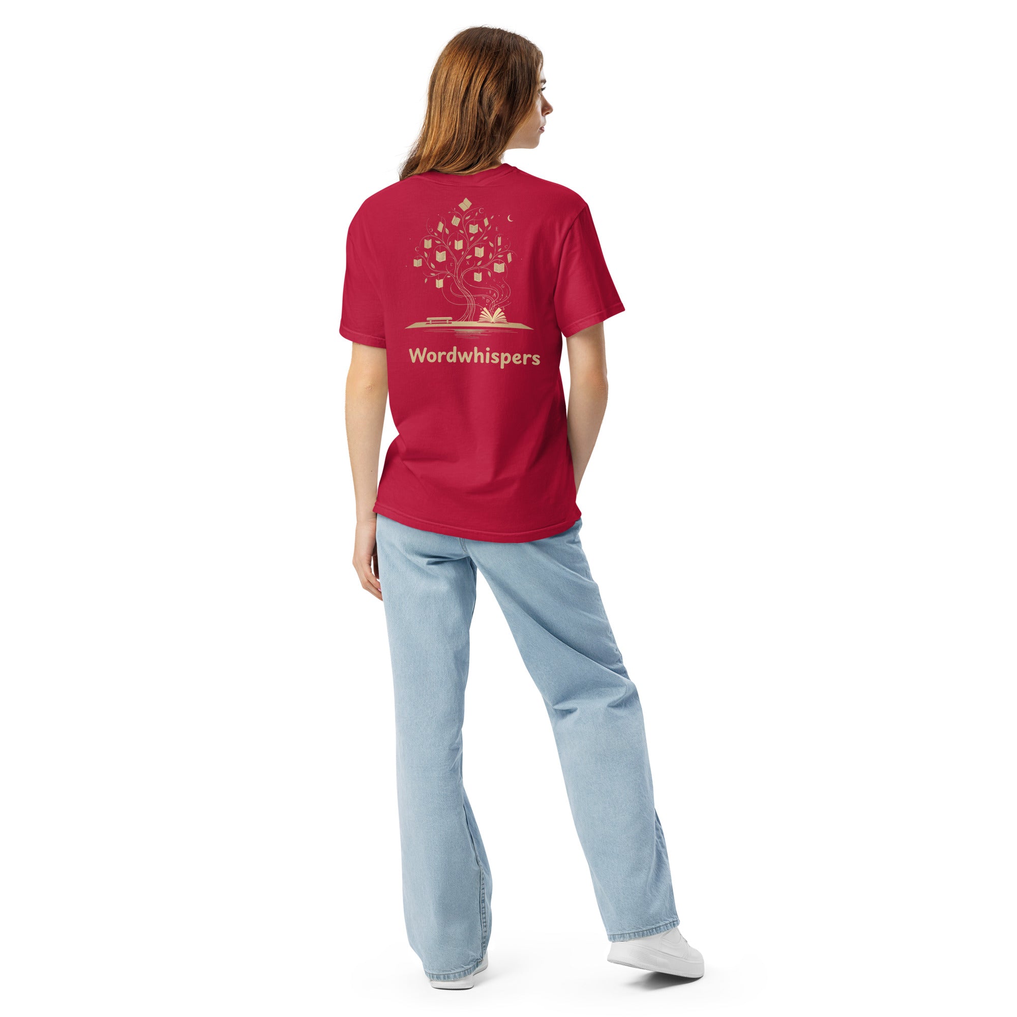  Literary premium unisex t-shirt with Enchanted Tree Glowing Books back design in Red