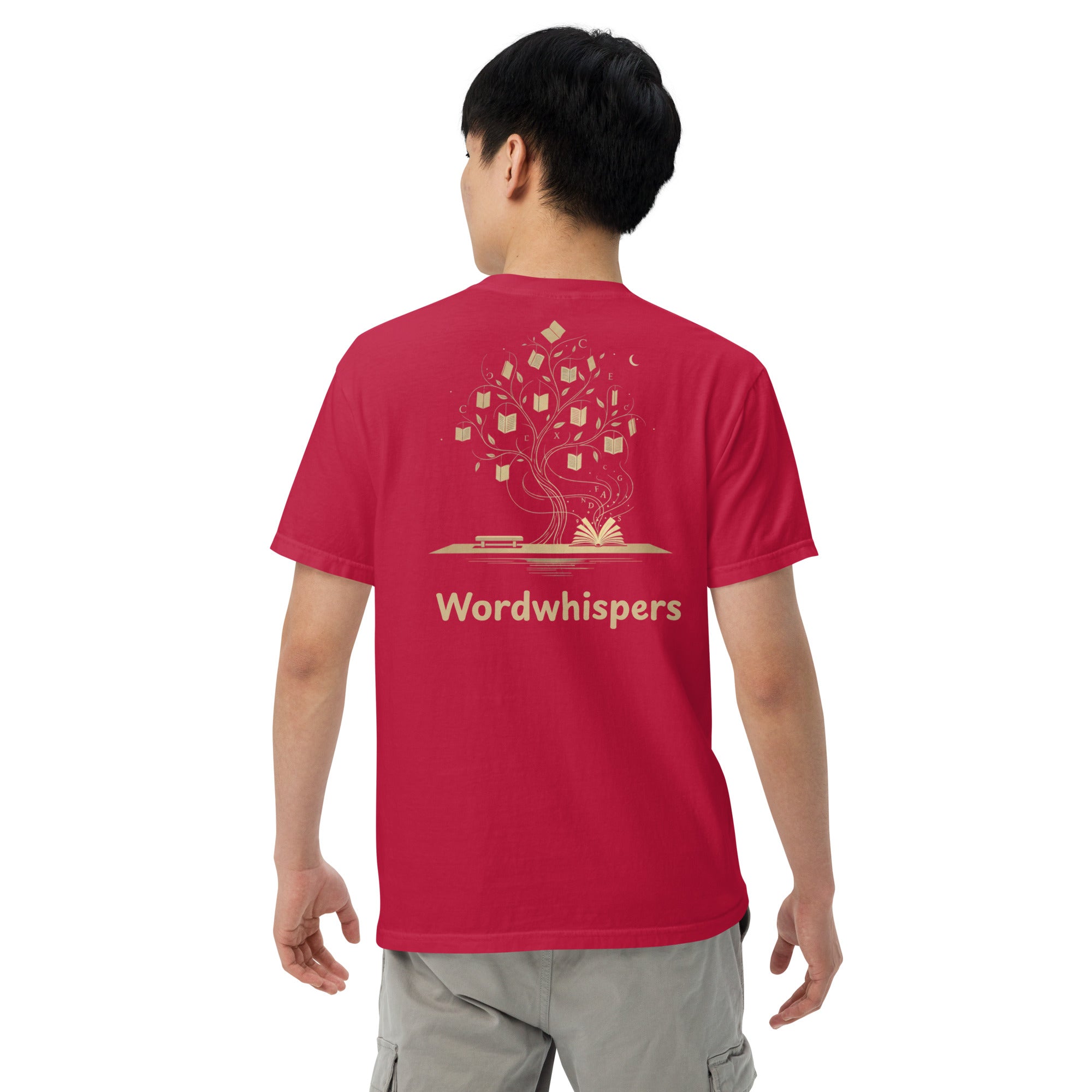  Literary premium unisex t-shirt with Enchanted Tree Glowing Books back design in Red