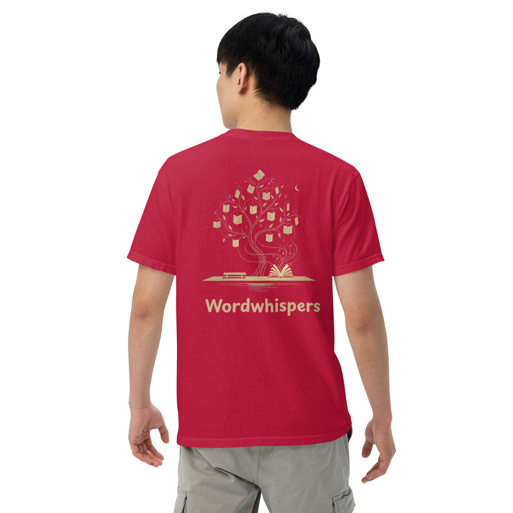Back of Wordwhispers book lover T-shirt featuring an enchanted tree in red