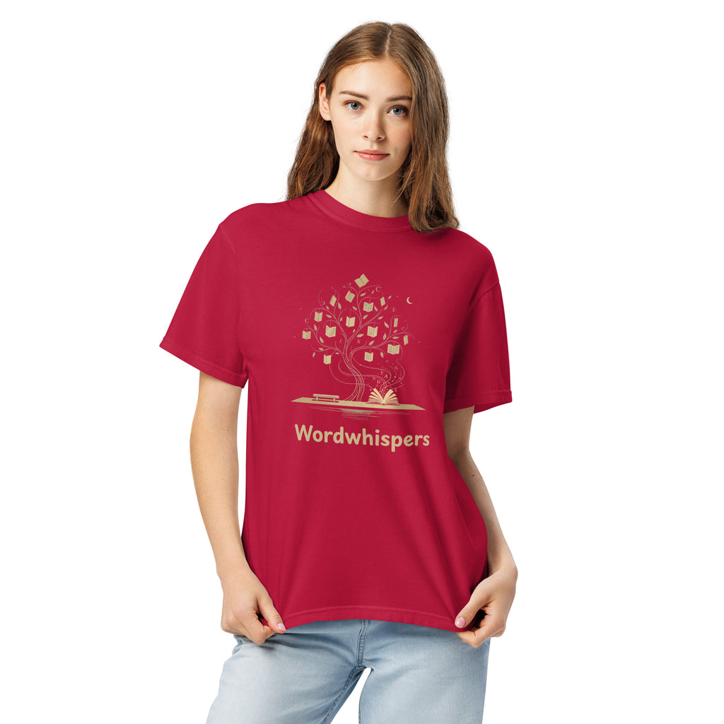Literary heavyweight unisex t-shirt with Enchanted Tree Glowing Books design in Red
