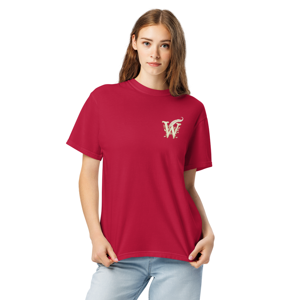 Front of Wordwhispers book lover T-shirt with a decorative W monogram on the left chest in red