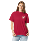 Front of Wordwhispers book lover T-shirt with a decorative W monogram on the left chest in red