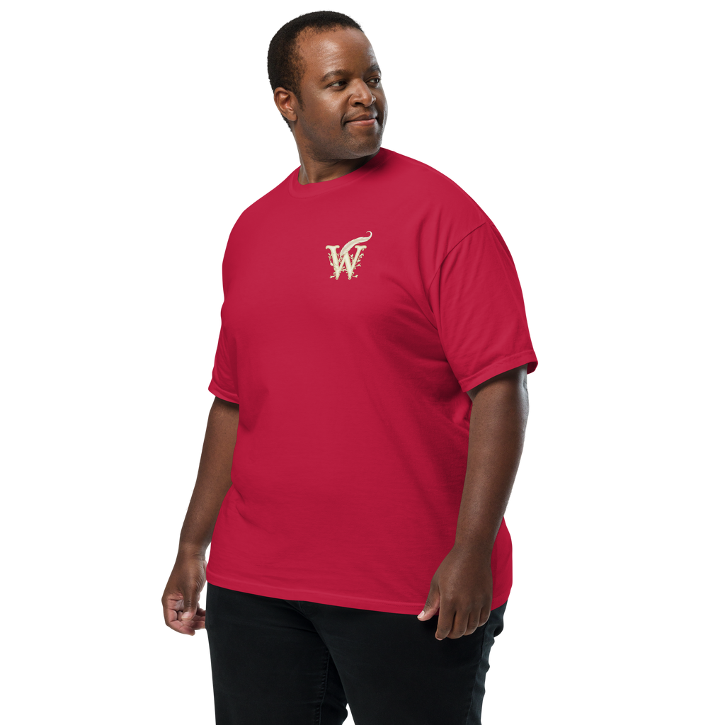Extended size Front of Wordwhispers book lover T-shirt with a decorative W monogram on the left chest in red