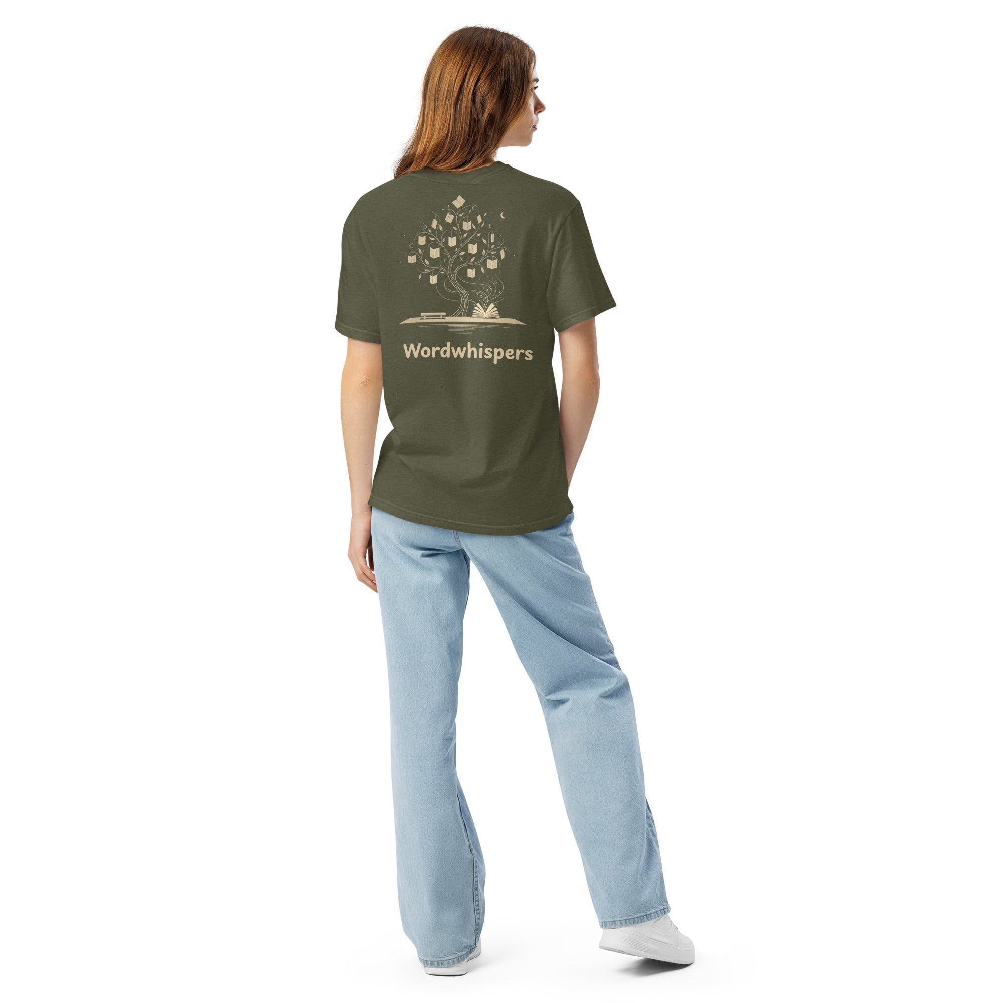  Literary premium unisex t-shirt with Enchanted Tree Glowing Books back design in Sage