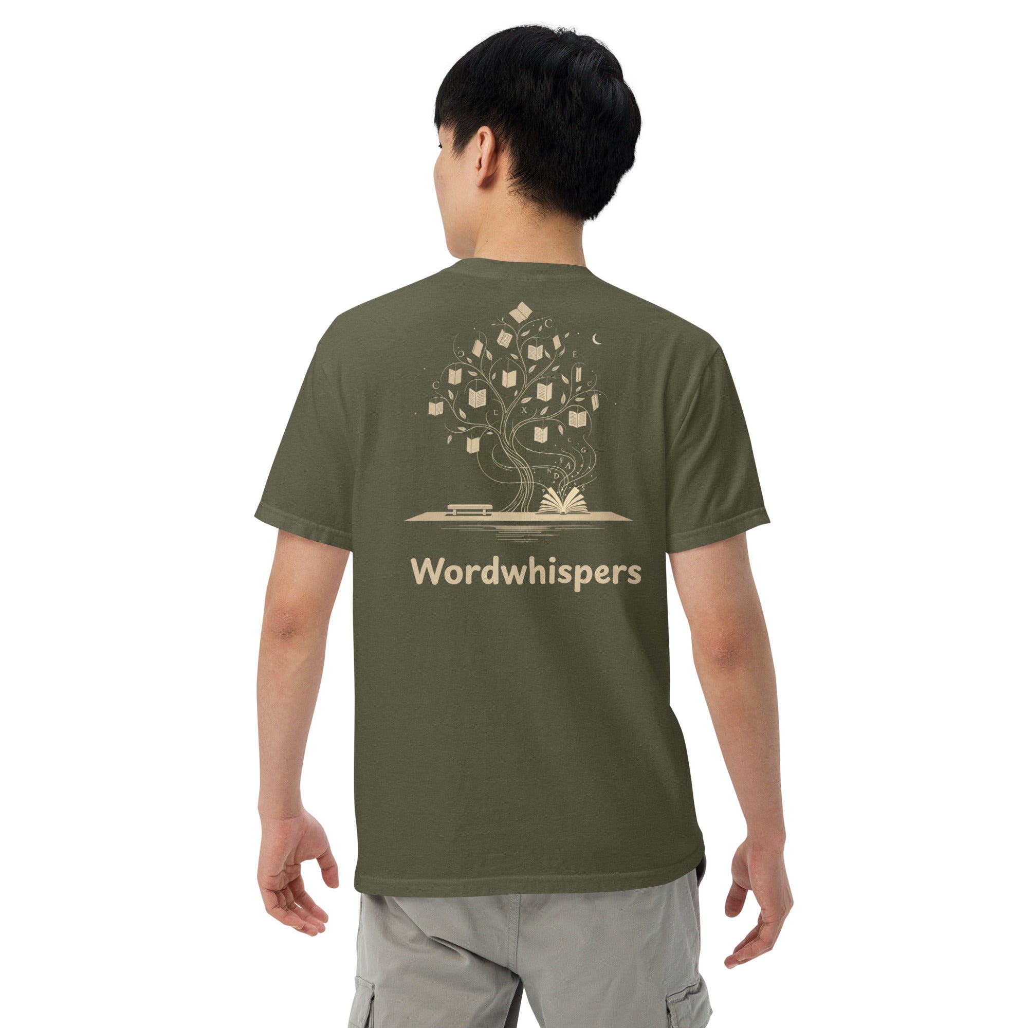  Literary premium unisex t-shirt with Enchanted Tree Glowing Books back design in Sage
