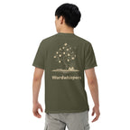 Back of Wordwhispers book lover T-shirt featuring an enchanted tree in sage