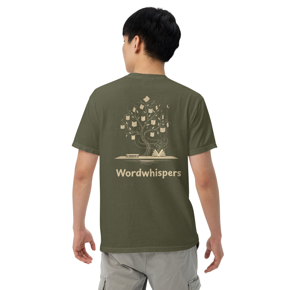 Back of Wordwhispers book lover T-shirt featuring an enchanted tree in sage