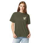 Front of Wordwhispers book lover T-shirt with a decorative W monogram on the left chest in sage