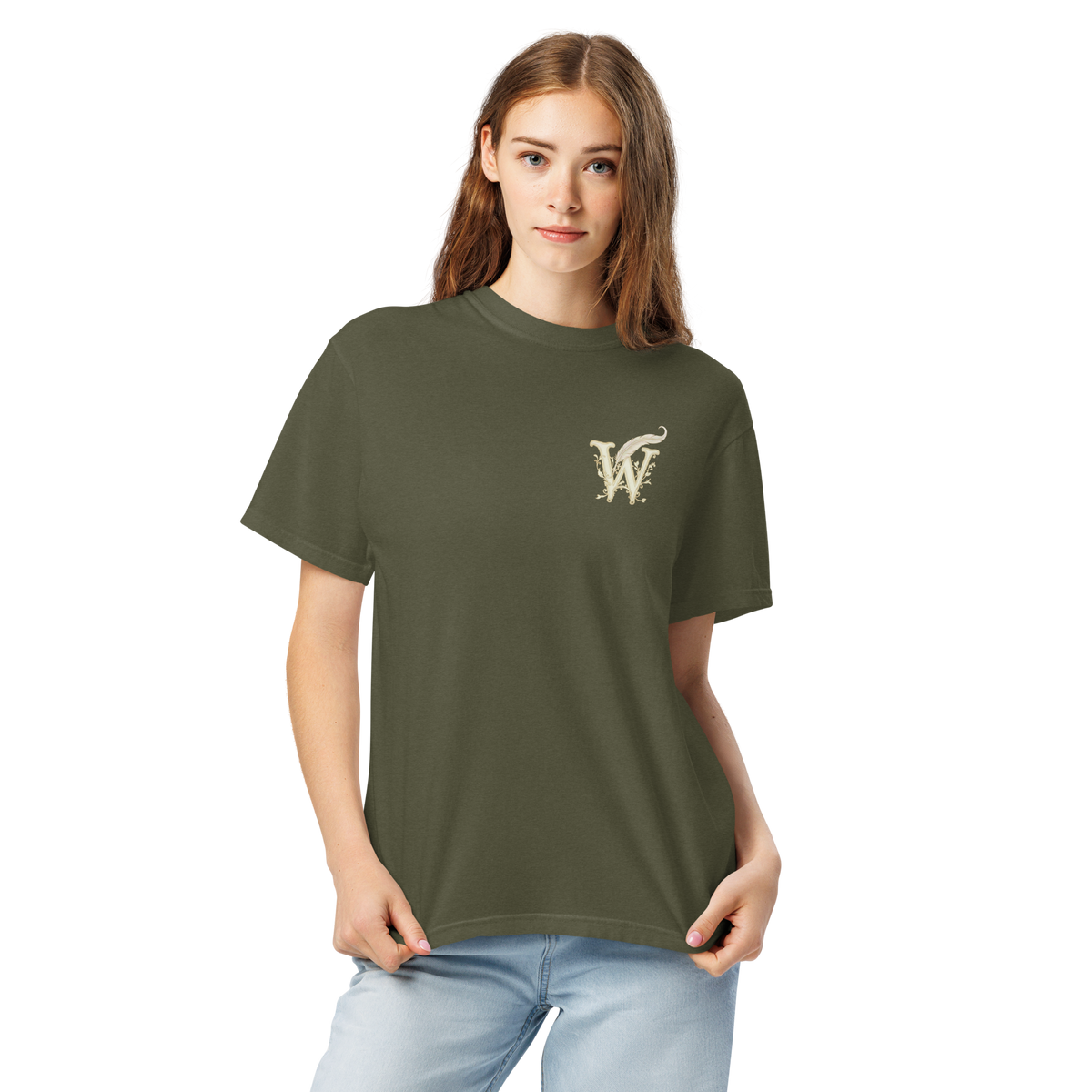 Front of Wordwhispers book lover T-shirt with a decorative W monogram on the left chest in sage