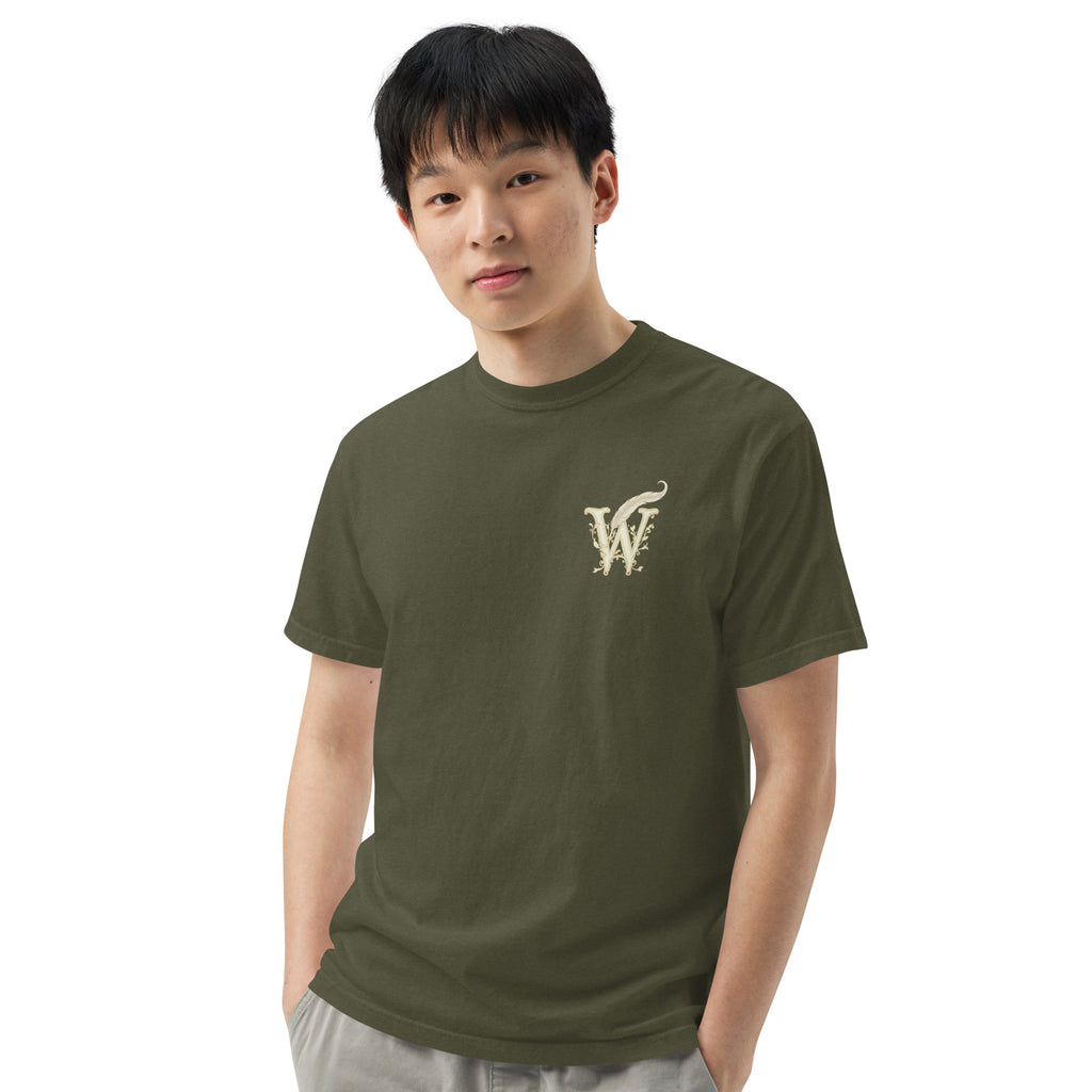 Literary premium unisex t-shirt with Wordwhispers logo on front in Sage