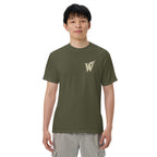 Front of Wordwhispers book lover T-shirt with a decorative W monogram on the left chest in sage