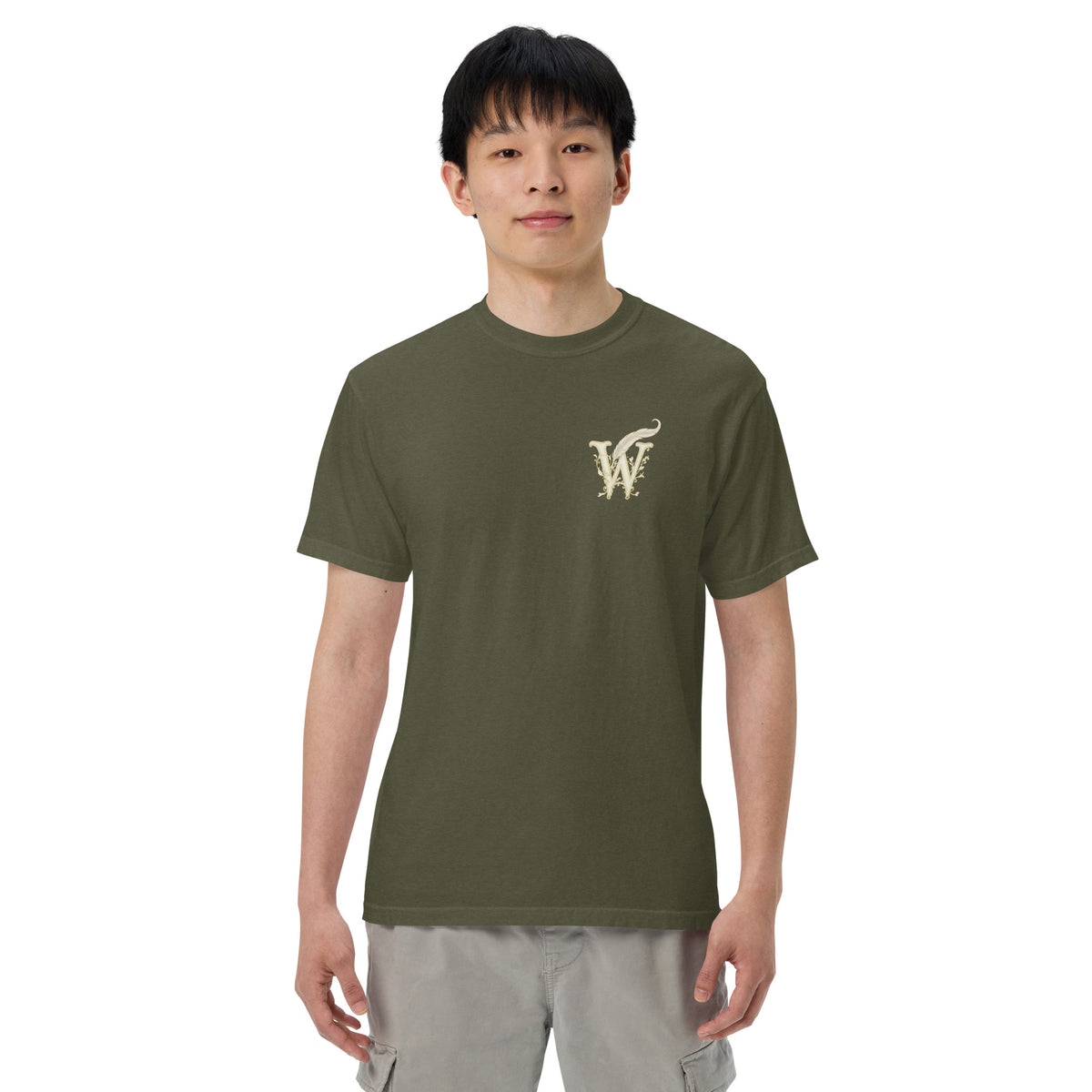 Front of Wordwhispers book lover T-shirt with a decorative W monogram on the left chest in sage