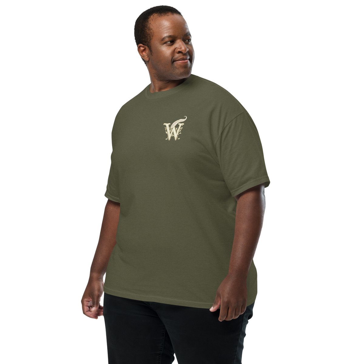 Extended size Front of Wordwhispers book lover T-shirt with a decorative W monogram on the left chest in sage 