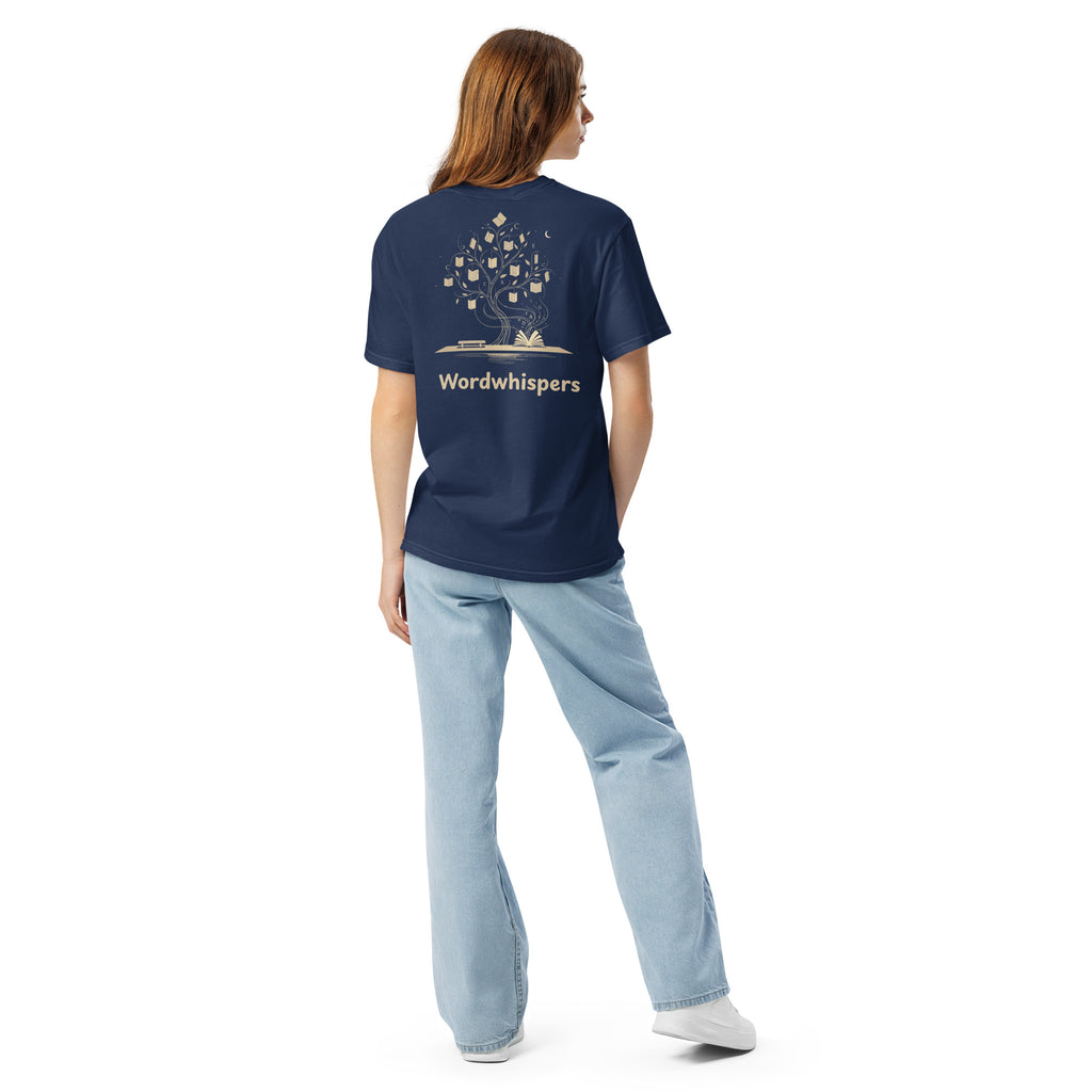  Literary premium unisex t-shirt with Enchanted Tree Glowing Books back design in True Navy
