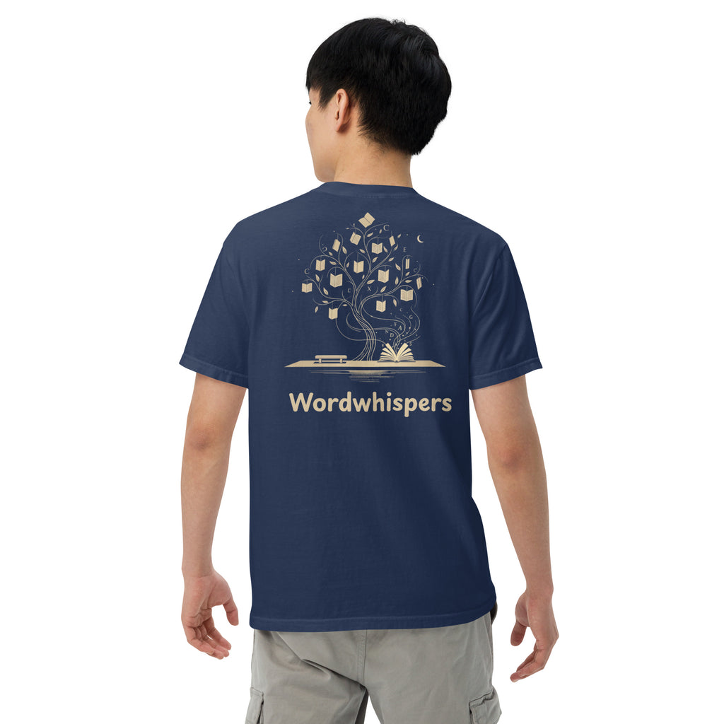  Literary premium unisex t-shirt with Enchanted Tree Glowing Books back design in True Navy