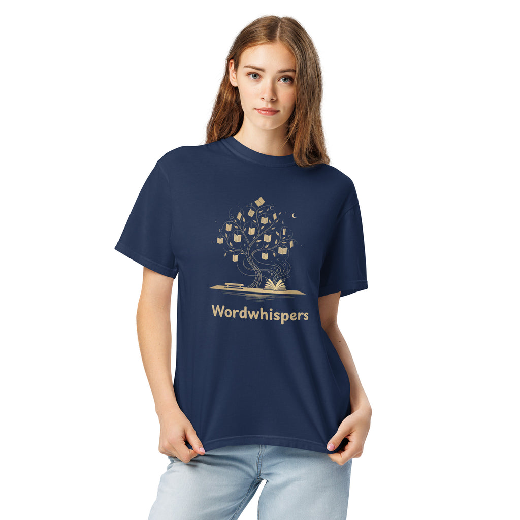 Literary heavyweight unisex t-shirt with Enchanted Tree Glowing Books design in true navy