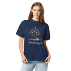 Literary heavyweight unisex t-shirt with Enchanted Tree Glowing Books design in true navy