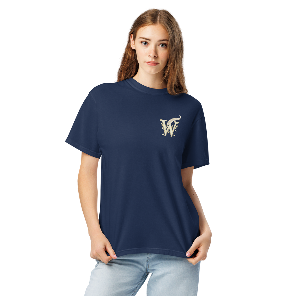 Front of Wordwhispers book lover T-shirt with a decorative W monogram on the left chest in true navy