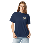 Front of Wordwhispers book lover T-shirt with a decorative W monogram on the left chest in true navy