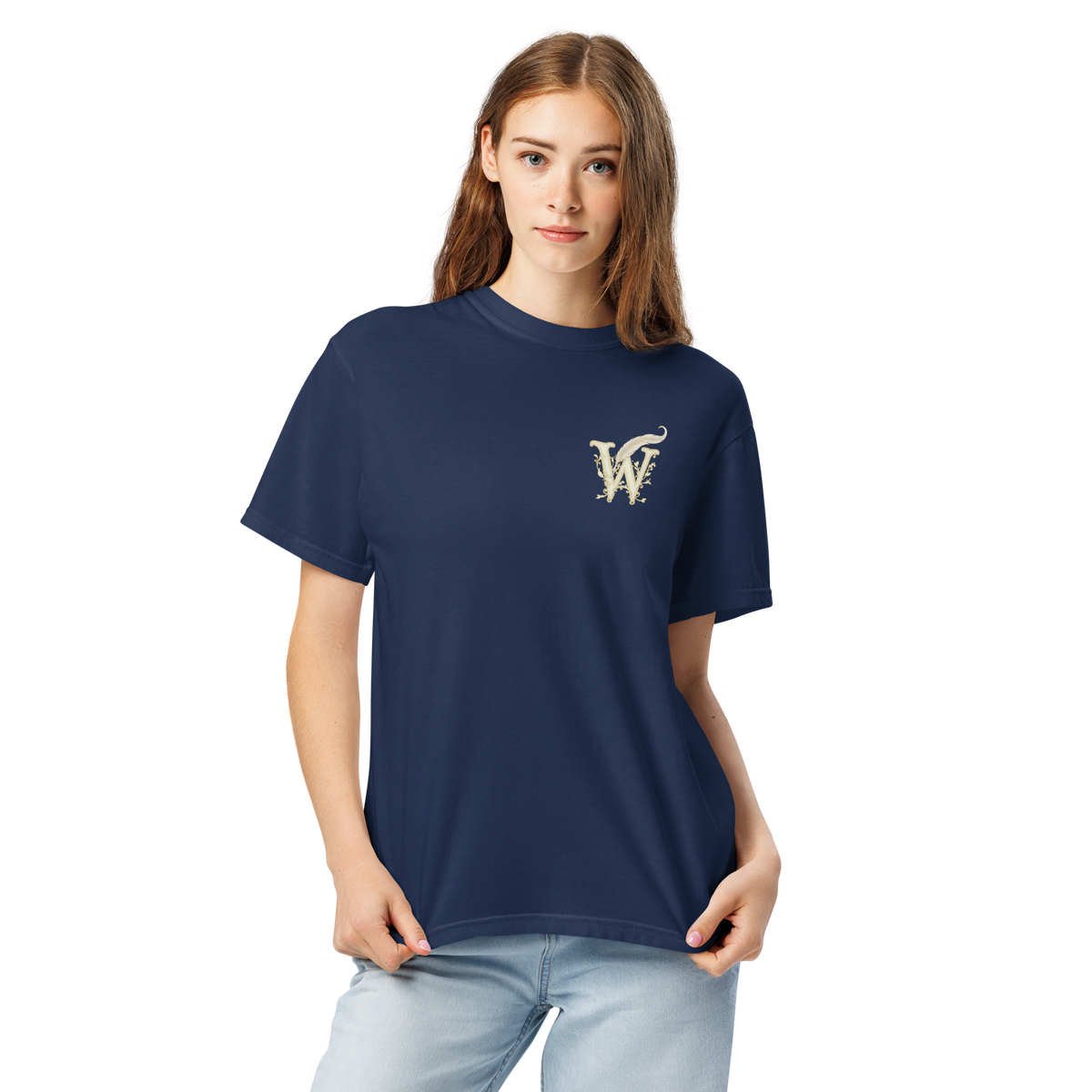 Front of Wordwhispers book lover T-shirt with a decorative W monogram on the left chest in true navy